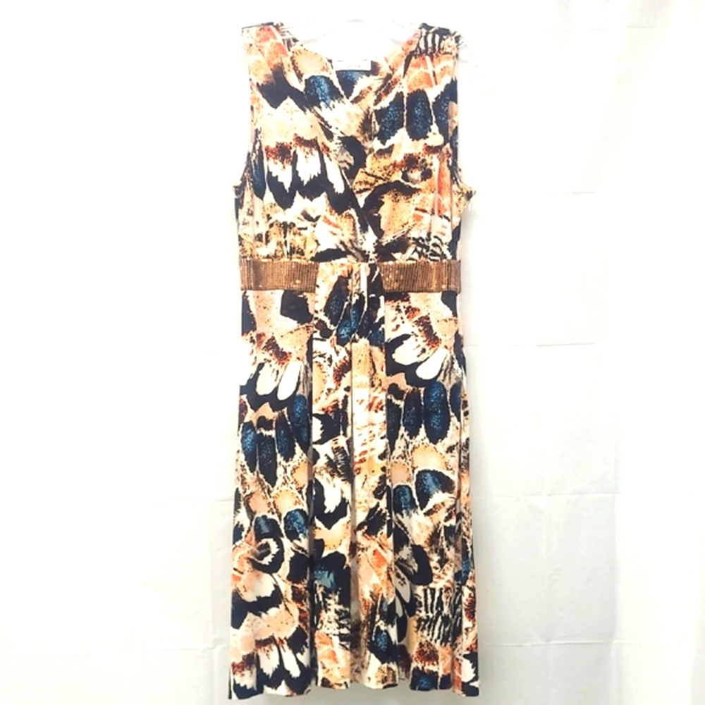 Sundress Abstract Print V Neck Sleeveless Gold Accent Midi Dressy Sheath Stretch